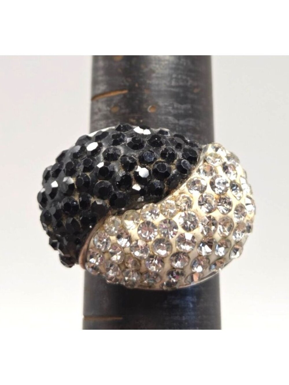 Black & Clear Rhinestone Silver-Tone Dome Ring Size 8